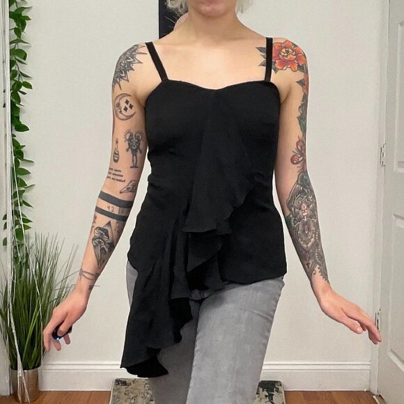 John Richmond Sleeveless Ruffle Top Blouse Sweetheart Neck Size 10 Black - Picture 1 of 12
